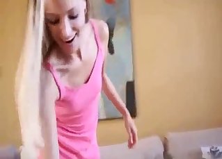 Skinny smiling sister jerks my hard boner